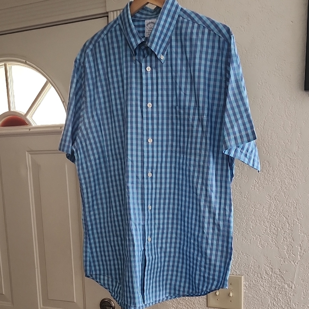 Brooks Brothers Blue Gingham Short Sleeve Button Down Shirt Sz L Preppy Style